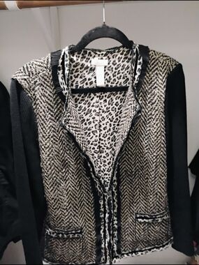 Chico's Black and Cream Tweed Blazer with Leopard Trim